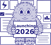 Blue monster holding a placard that says Launching 2026