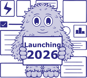 Blue monster holding a placard that says Launching 2026