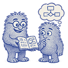 Two blue fluffy monsters; one hands over an open book showing sketchy code, the other thinks with a flowchart in a thought bubble.