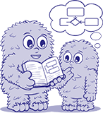 Two blue fluffy monsters; one hands over an open book showing sketchy code, the other thinks with a flowchart in a thought bubble.